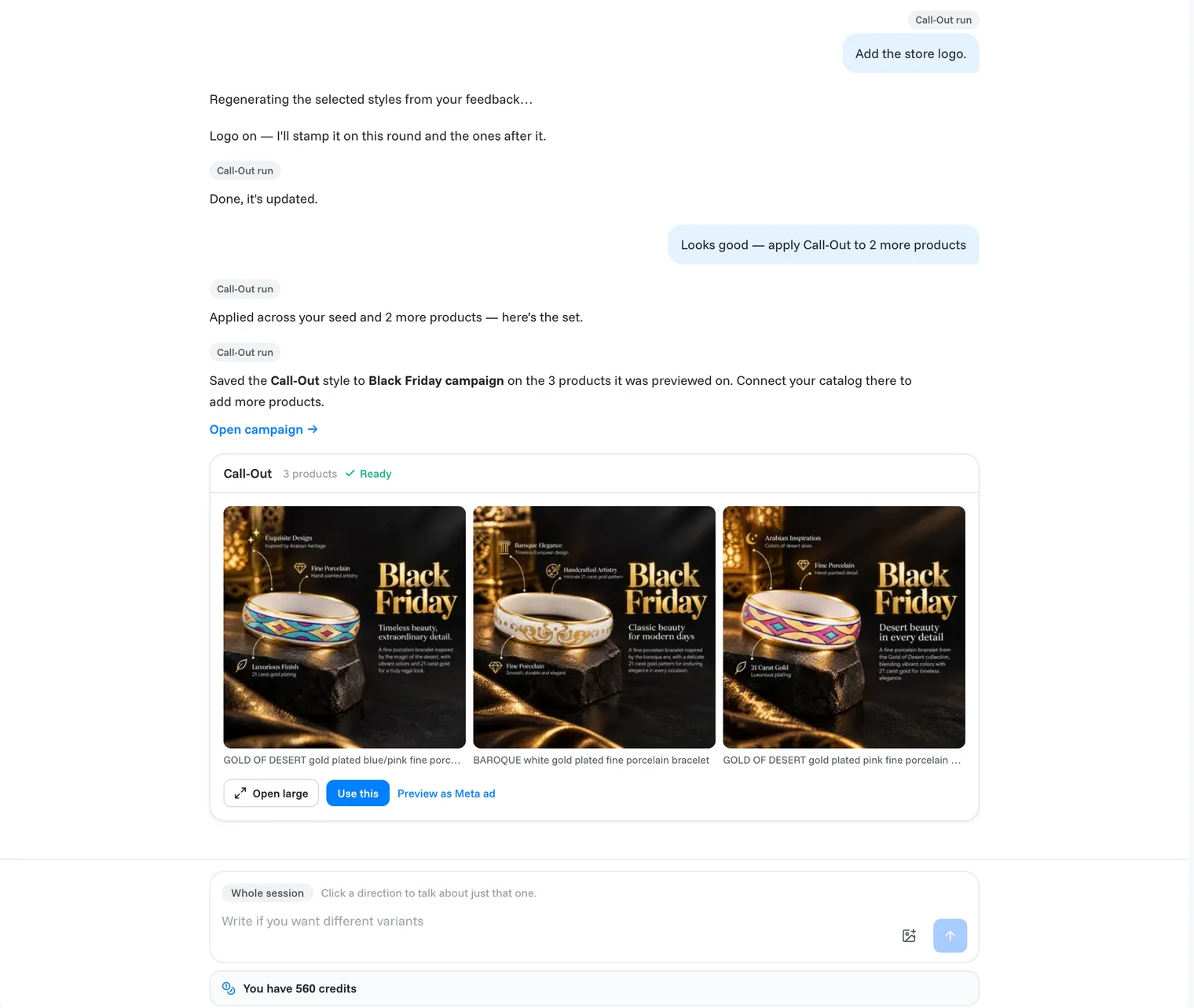 A session: the conversation, a finished direction card and the message box
