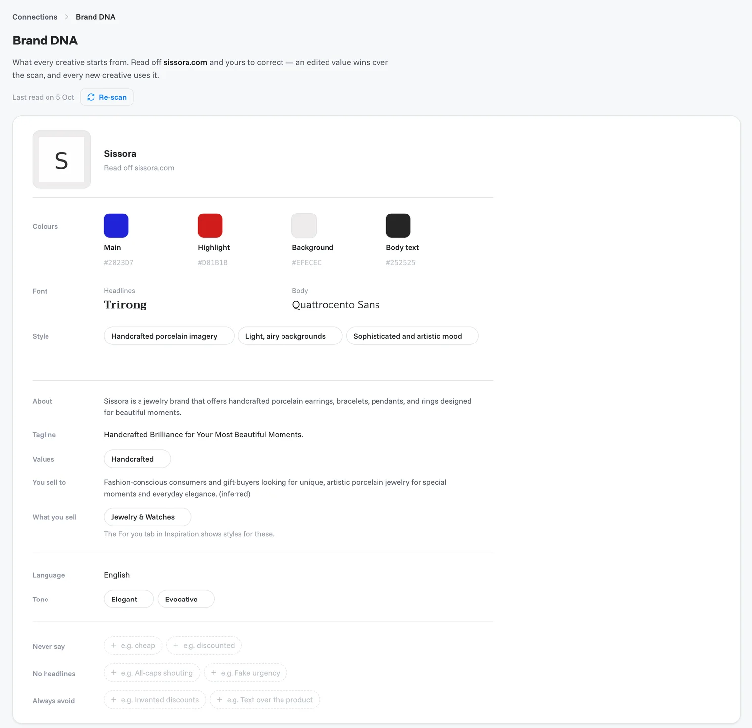 The Brand DNA page with colours, fonts and style