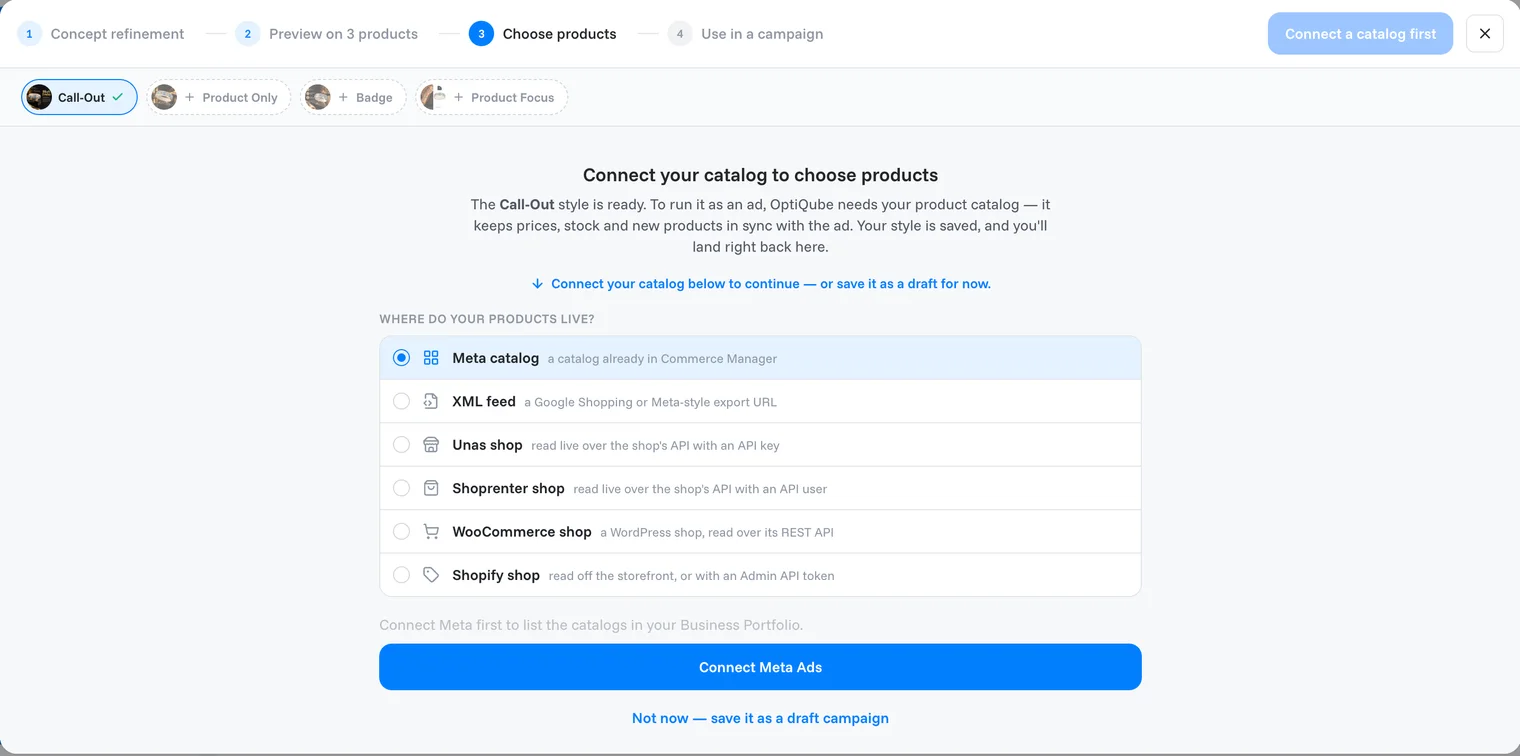 Connect a catalog, or save the style as a draft campaign