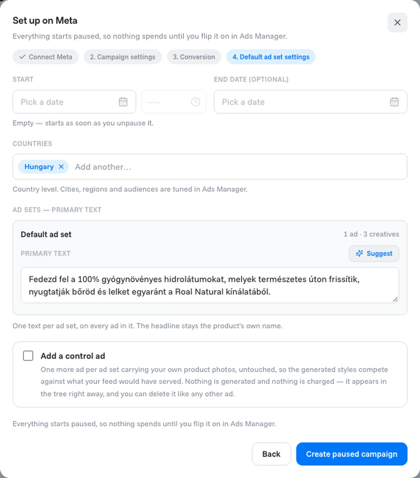 Step 4: default ad set settings