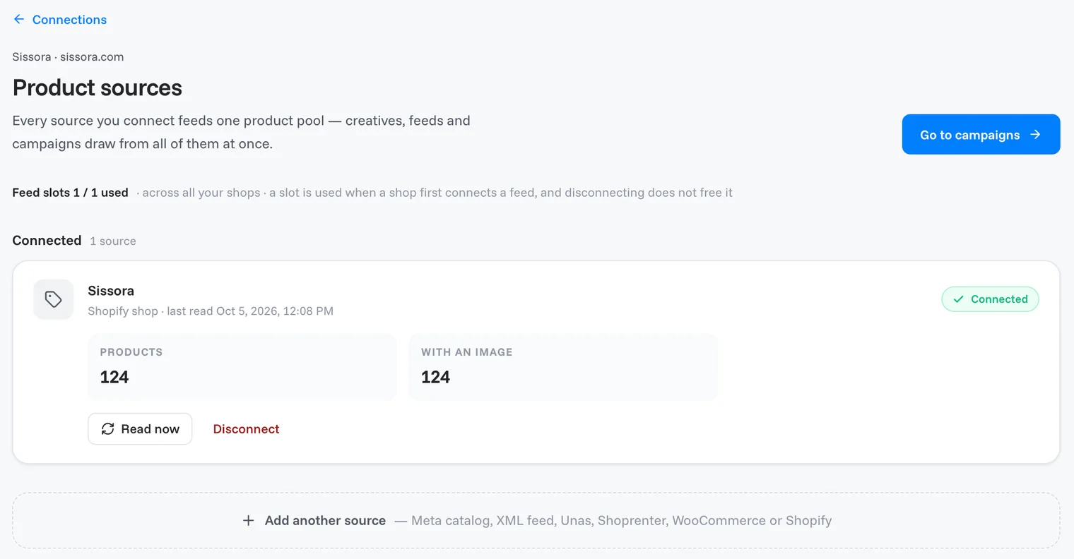 A connected source on the Product sources page